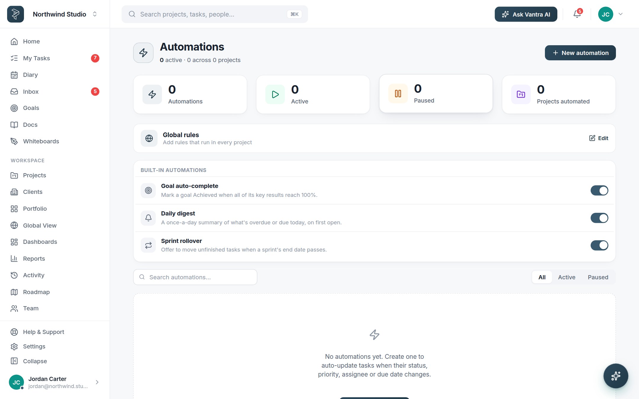 The Automations page listing rules with their triggers and actions.