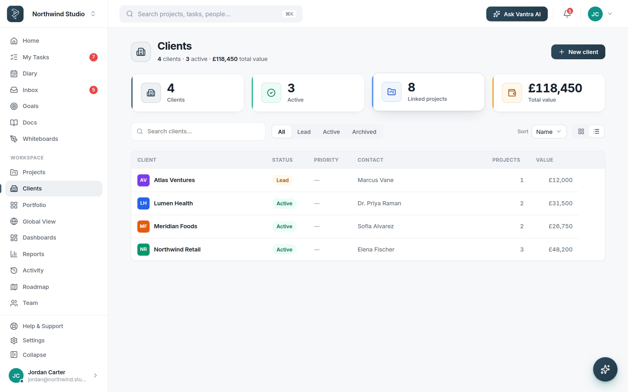 The Clients page with client records and their linked projects.