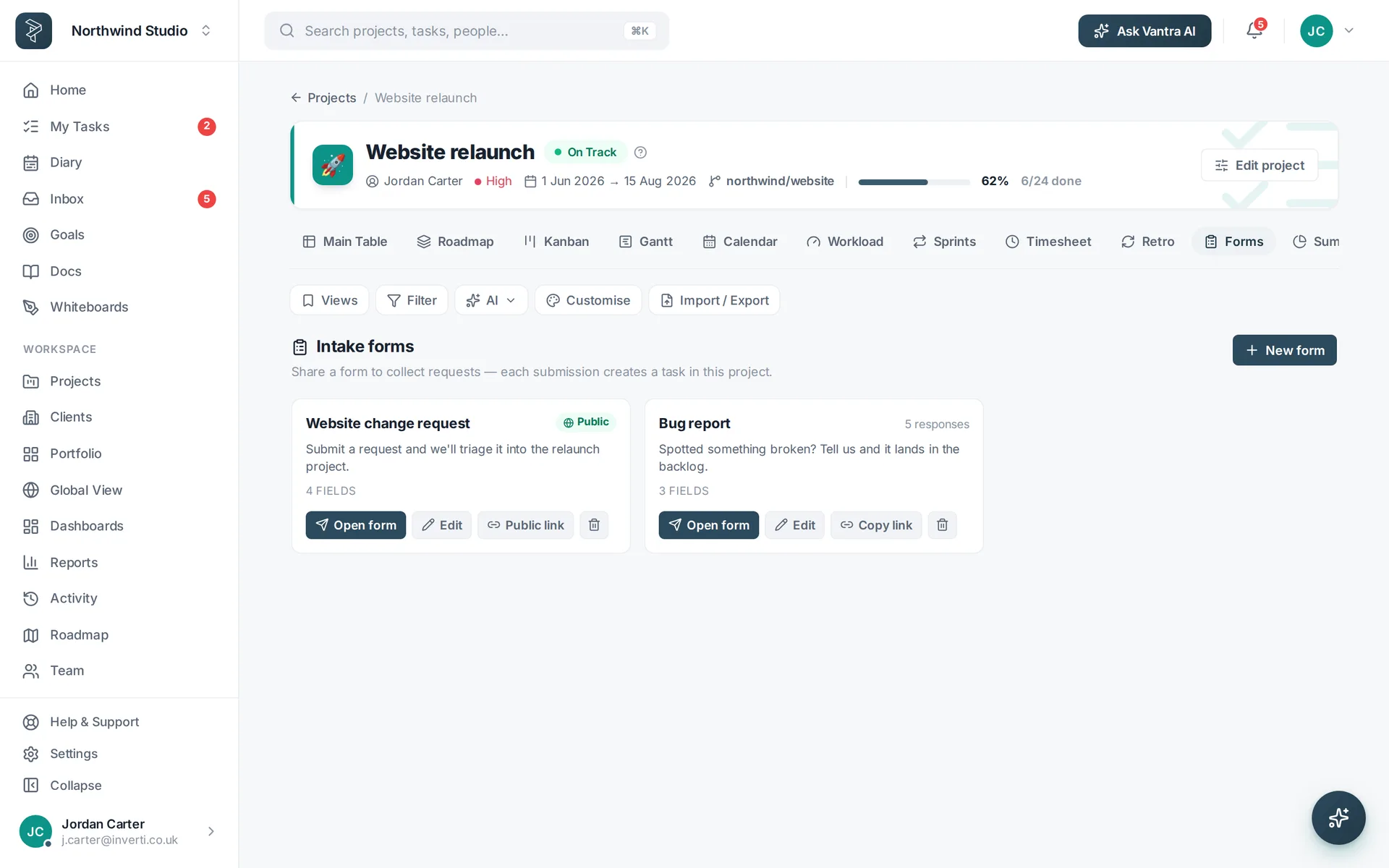 Intake forms that create tasks in a project.