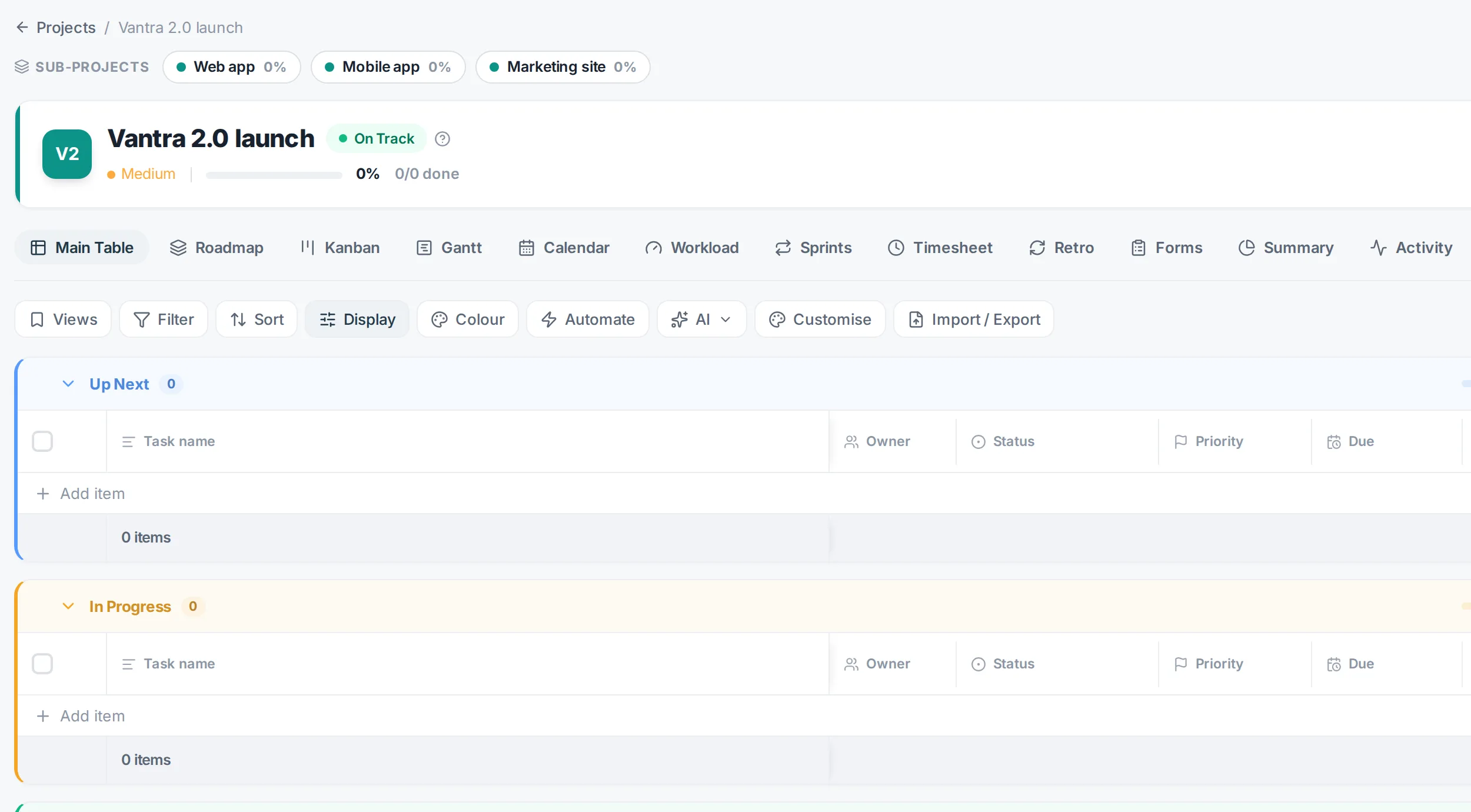 An umbrella project with Web app, Mobile app and Marketing site sub-projects shown as chips above the project header.