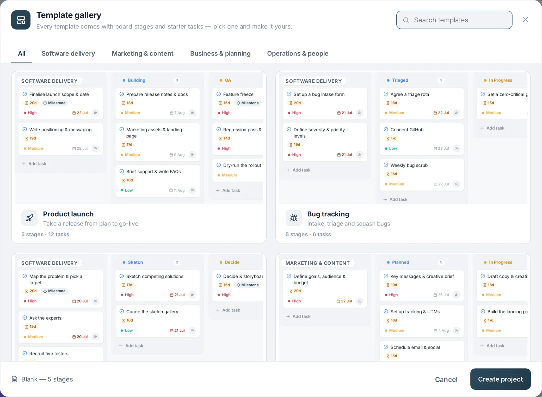 The template gallery inside Vantra Projects — live board previews for the Product launch, Bug tracking, Design sprint and Marketing campaign templates.